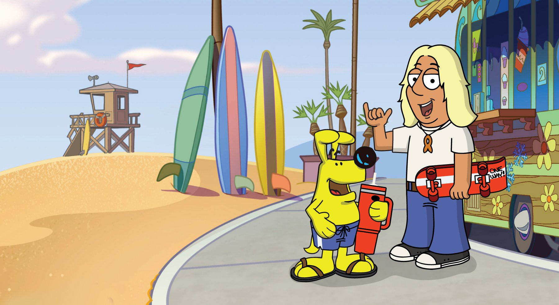 ben born again and yellowdog standing on beach in cartoon