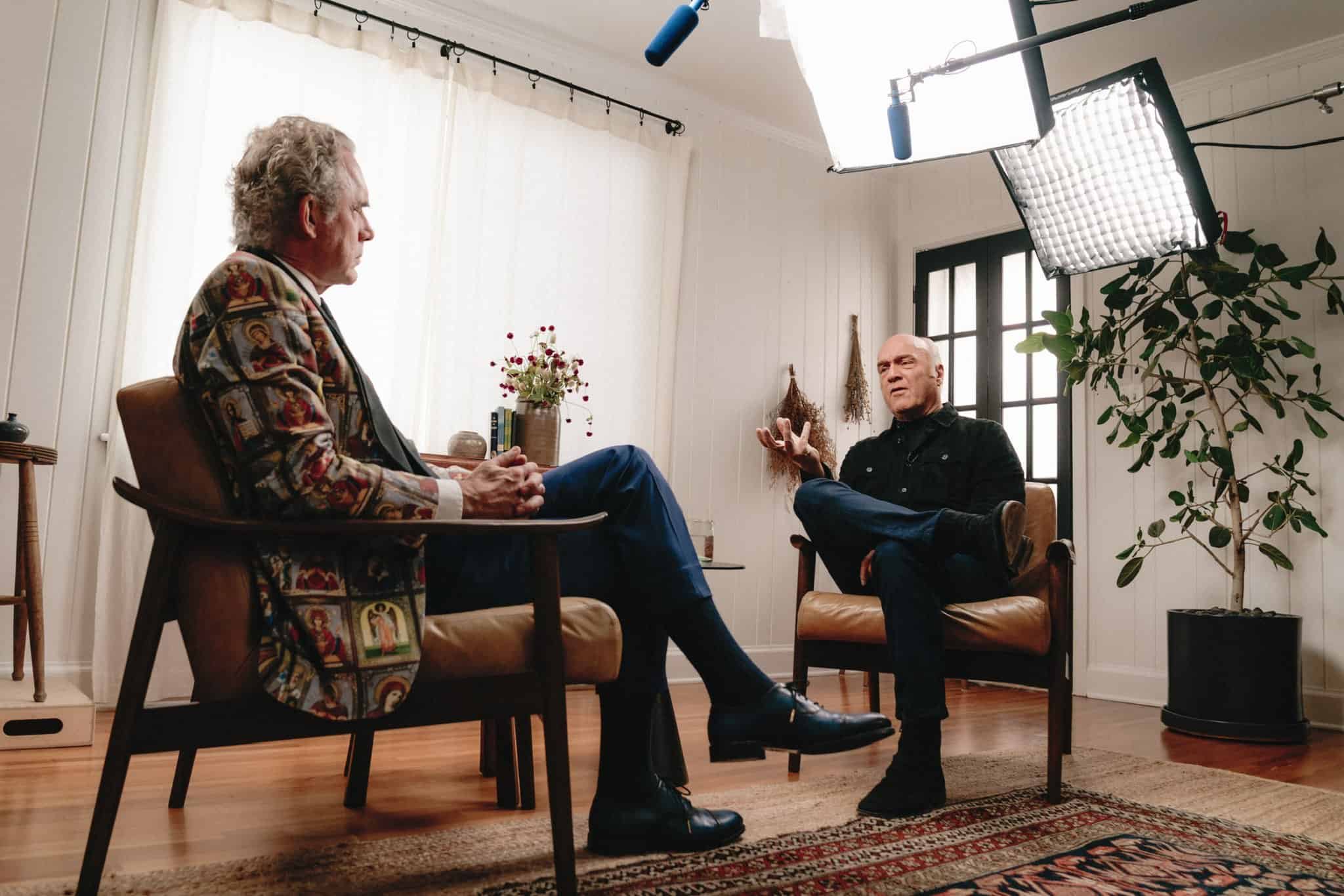 Greg Laurie and Jordan Peterson sitting together in an interview