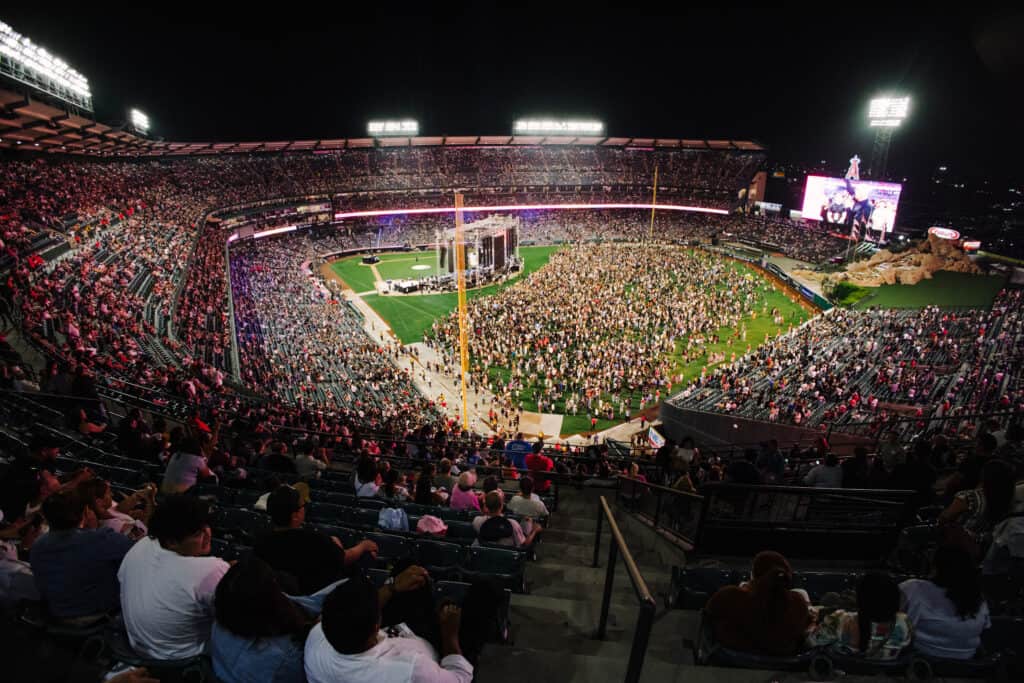 Harvest Crusade 2024 audience on the field at Angel Stadium