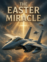U.S. F-15 fighter jet during dramatic Easter rescue mission with cross in sky and parachuting airman
