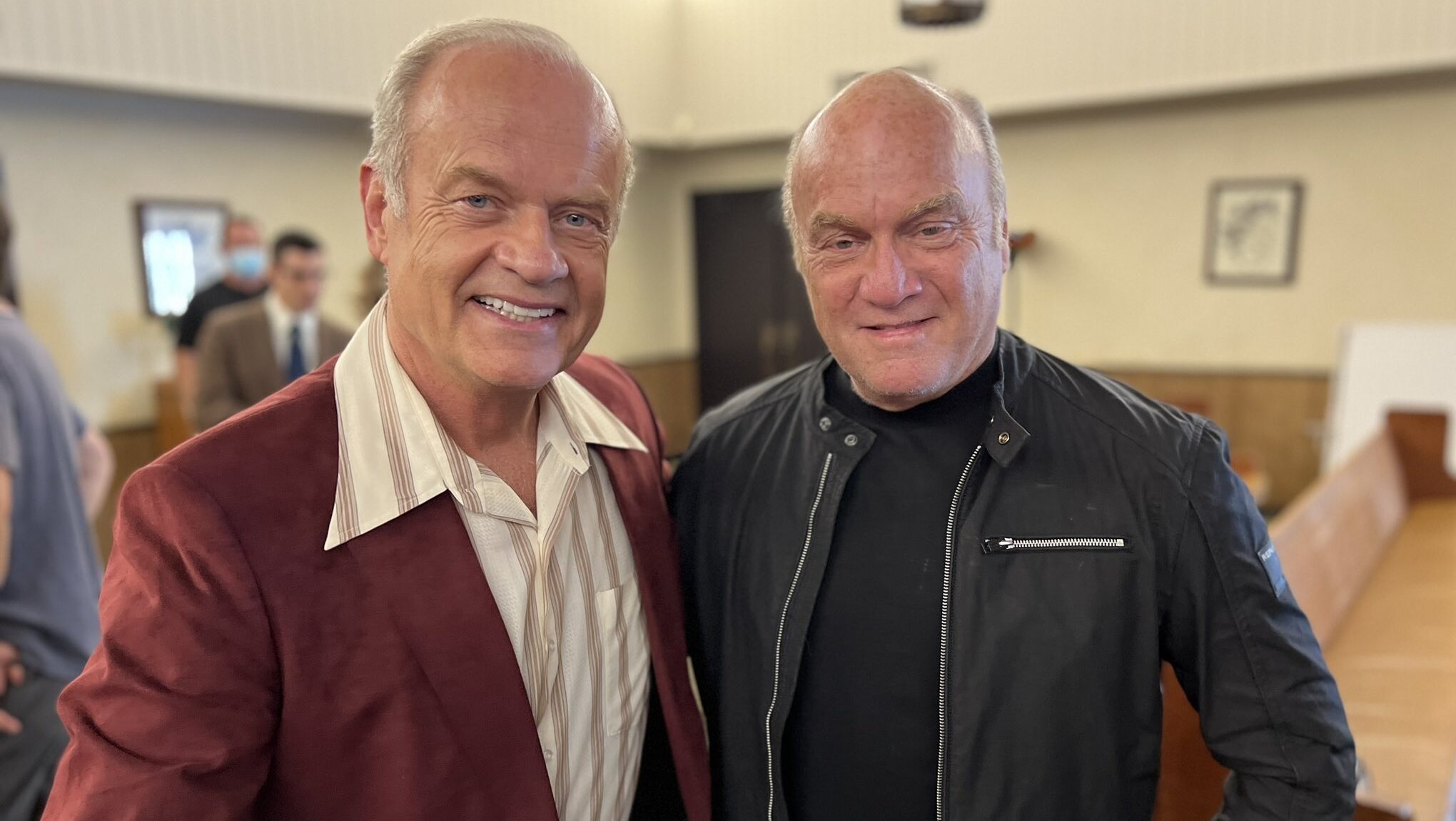 greg laurie and kelsey grammer on the set of jesus revolution