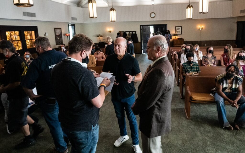 greg laurie and kelsey grammer on the set of jesus revolution